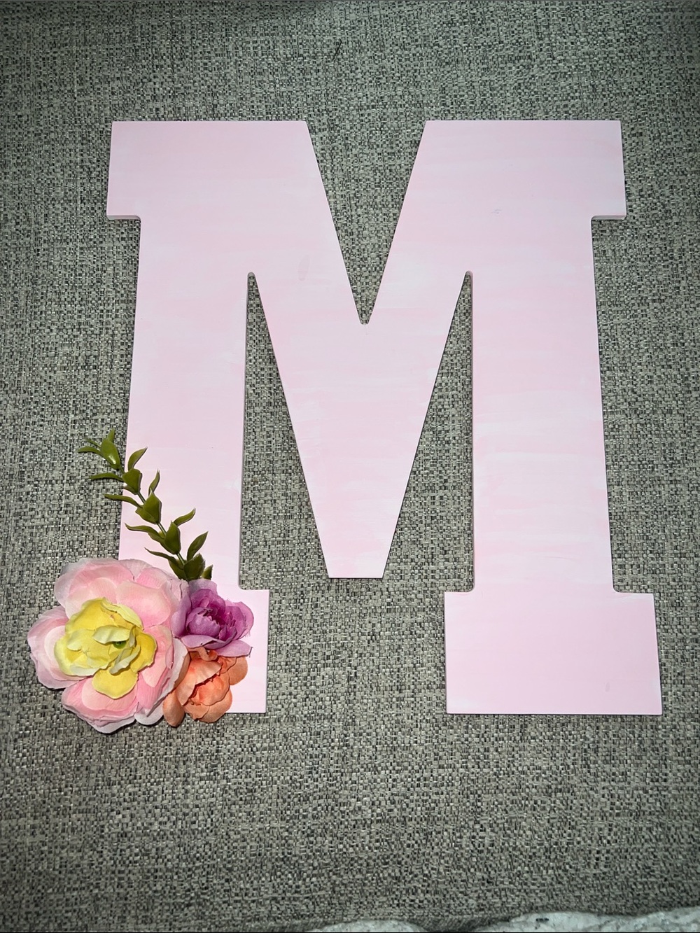 Handmade/Handpainted Large Pink Decorative Letter M with Floral Accent